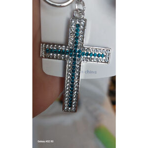 Teal and Silver Rhinestone Cross Keychain
